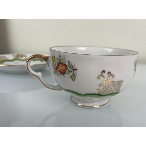Vintage Ucago China Made in Japan Green & Gold Teacup & Saucer Floral - Picture 14 of 15